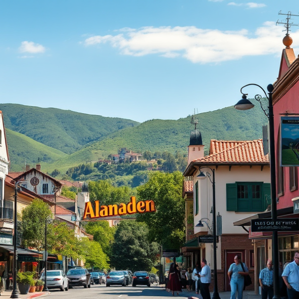 AT&T Coverage, Stores & Plans in Almaden, San Jose CA 95160 A vibrant street scene in Almaden, San Jose, CA 95160, featuring colorful murals depicting local history and nature, nestled among charming Mediterranean-style