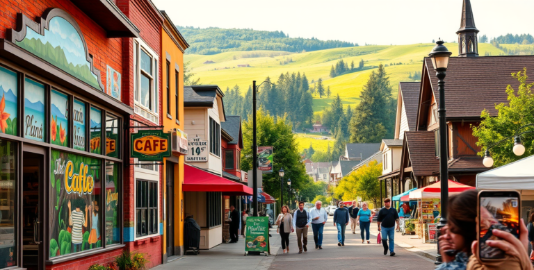 A vibrant street scene in Aloha, Beaverton, OR 97007, featuring colorful murals depicting Pacific Northwest flora and local history adorning charming storefront