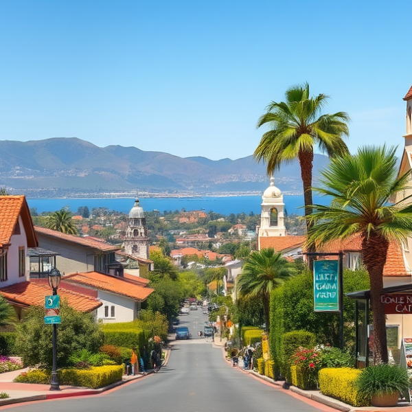 AT&T Coverage, Stores & Plans in Alta Mesa, Santa Barbara CA 93109 A realistic, aspirational street scene in Alta Mesa, Santa Barbara, CA 93109, showcasing a charming neighborhood lined with Spanish Revival and Craftsman-style