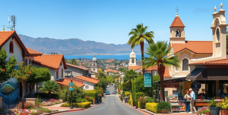 A realistic, aspirational street scene in alta mesa, santa barbara, ca 93109, showcasing a charming neighborhood lined with spanish revival and craftsman-style