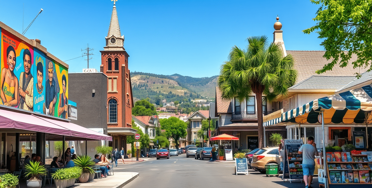 A vibrant street scene in altadena, san diego, ca 92104, showcasing colorful murals of local musicians and community stories adorning nearby walls, with the his