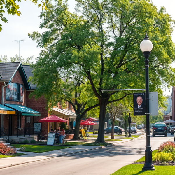 AT&T Coverage, Stores & Plans in Alter-leawood, Shawnee Mission KS 66211 A vibrant street scene in Alter-leawood, Shawnee Mission, KS 66211, featuring charming mid-century homes with brick facades and colorful stucco accents, lush gr