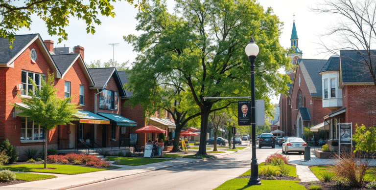A vibrant street scene in alter-leawood, shawnee mission, ks 66211, featuring charming mid-century homes with brick facades and colorful stucco accents, lush gr