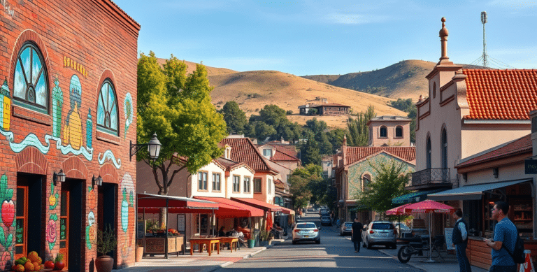 A vibrant street scene in alum rock, san jose, ca 95127, showcasing colorful murals depicting local history and culture on brick walls, with a bustling neighbor