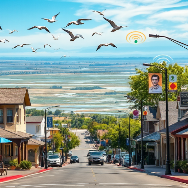 AT&T Coverage, Stores & Plans in Alviso, Sunnyvale CA 94088 A vibrant street scene in Alviso, Sunnyvale, CA 94088, showcasing the historic Alviso Marina County Park with views of salt ponds and marshlands in the backgrou