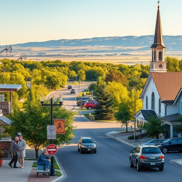 AT&T Coverage, Stores & Plans in Ammon, Idaho Falls ID 83404 A vibrant street scene in Ammon, Idaho Falls, ID (83404), showcasing a cozy local café with outdoor seating, colorful murals depicting Idaho's natural beauty on