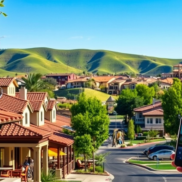 T-Mobile Plans, Coverage & Stores in Anaheim Hills, Anaheim CA 92807 A vibrant street scene in Anaheim Hills, Anaheim, CA 92807, showcasing lush green hills and rolling terrain in the background. Elegant suburban homes with Medit