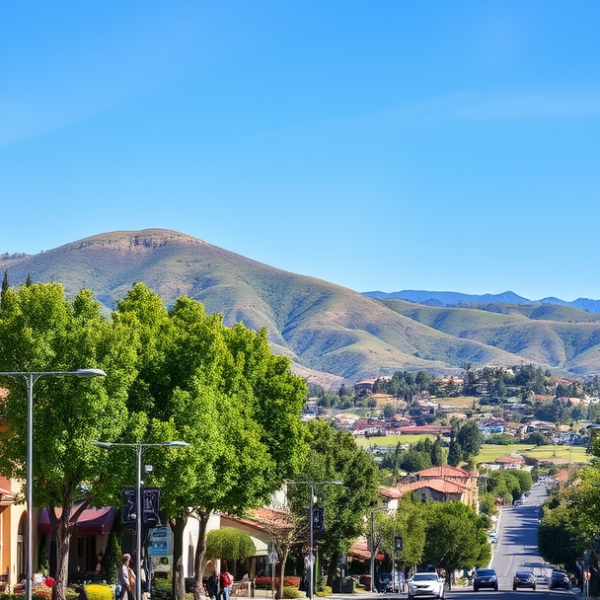 AT&T Coverage, Stores & Plans in Anaheim Hills, Anaheim CA 92808 A vibrant street scene in Anaheim Hills, Anaheim, CA 92808, showcasing lush rolling hills in the background and a tree-lined residential street with Mediterrane