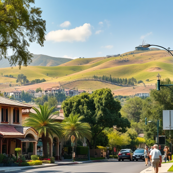 T-Mobile Plans, Coverage & Stores in Anaheim Hills, Anaheim CA 92817 A vibrant street scene in Anaheim Hills, Anaheim, CA 92817, showcasing lush rolling hills in the background with sun-dappled oak and sycamore trees. Elegant Med
