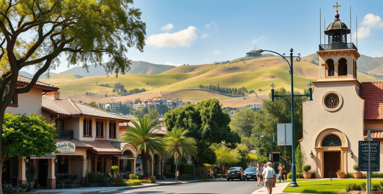 A vibrant street scene in anaheim hills, anaheim, ca 92817, showcasing lush rolling hills in the background with sun-dappled oak and sycamore trees. Elegant med