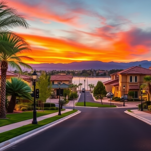 T-Mobile Plans, Coverage & Stores in Anchor Point At Val Vista Lakes, Gilbert AZ 85234 A realistic street scene in Anchor Point at Val Vista Lakes, Gilbert, AZ 85234, showcasing lush palm-lined sidewalks and well-manicured lawns leading to upscale