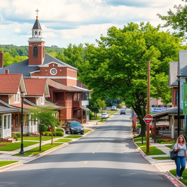 AT&T Coverage, Stores & Plans in Anderson Township, Anderson IN 46013 A vibrant street scene in Anderson Township, Anderson, IN 46013, showcasing charming mid-century and craftsman-style houses with inviting porches, lush greenery