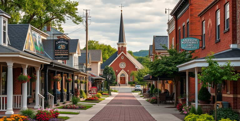 A vibrant street scene in Anderson Township, Anderson, IN 46015, showcasing charming mid-century and craftsman-style houses with inviting porches and colorful g