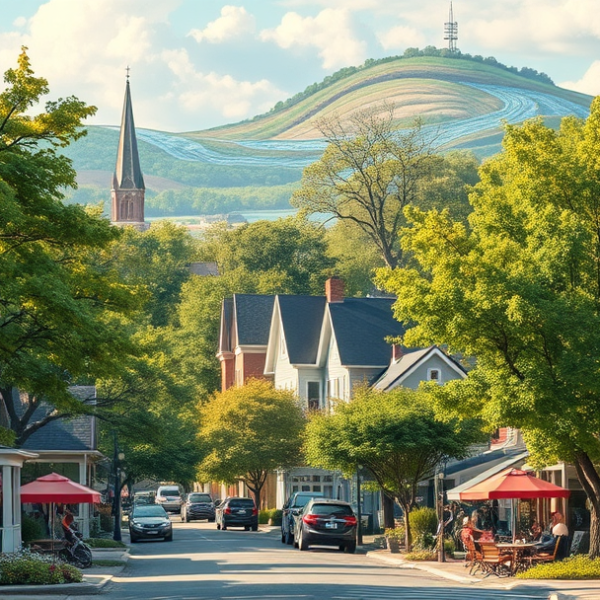 AT&T Coverage, Stores & Plans in Anderson Township, Anderson IN 46016 A vibrant street scene in Anderson Township, Anderson, IN 46016, showcasing a charming mix of historic and modern homes with Craftsman bungalows and mid-century
