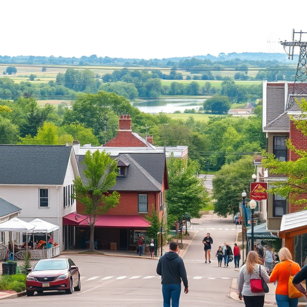 AT&T Coverage, Stores & Plans in Anderson Township, Anderson IN 46018 A vibrant street scene in Anderson Township, Anderson, IN 46018, showcasing a charming neighborhood with historic brick houses and Craftsman-style bungalows lin
