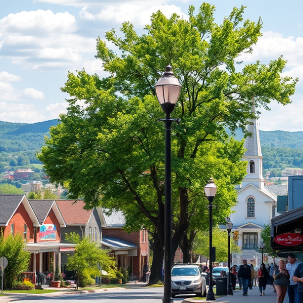 AT&T Coverage, Stores & Plans in Anderson Township, Cincinnati OH 45234 A vibrant street scene in Anderson Township, Cincinnati, OH 45234, featuring charming mid-century homes with brick facades and inviting porches, lined along tre