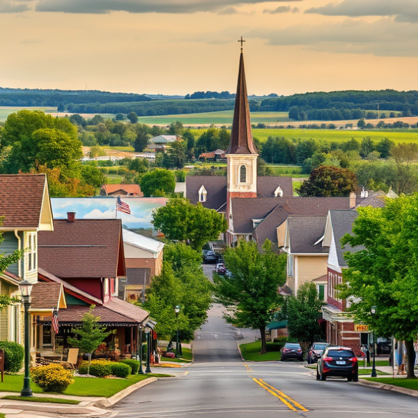 AT&T Coverage, Stores & Plans in Andover, Wichita KS 67230 A vibrant street scene in Andover, Wichita, KS 67230, featuring a charming neighborhood with warmly colored Craftsman and ranch-style houses, lush green lawns,