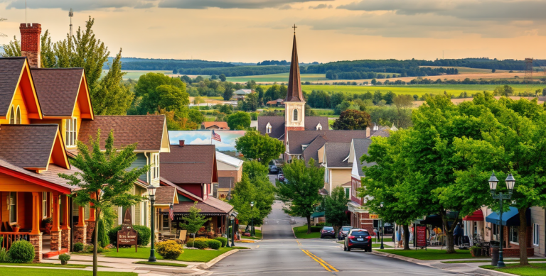 A vibrant street scene in Andover, Wichita, KS 67230, featuring a charming neighborhood with warmly colored Craftsman and ranch-style houses, lush green lawns,