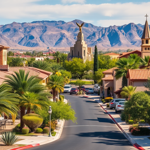 AT&T Coverage, Stores & Plans in Angel Park, Las Vegas NV 89117 A vibrant street scene in Angel Park, Las Vegas, NV 89117, featuring lush, mature desert landscaping lining quiet residential streets with Mediterranean-style h