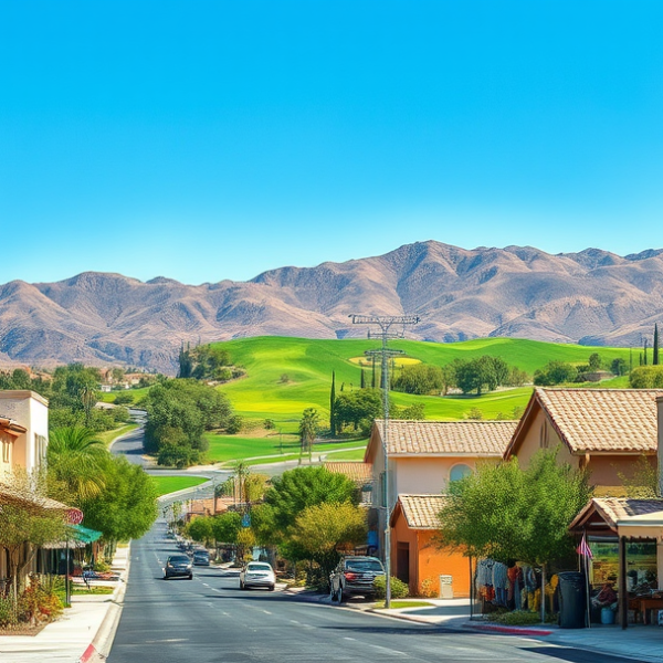 AT&T Coverage, Stores & Plans in Angel Park, Las Vegas NV 89145 A vibrant street scene in Angel Park, Las Vegas, NV 89145, showcasing lush green golf course fairways and rolling desert hills in the background under a bright