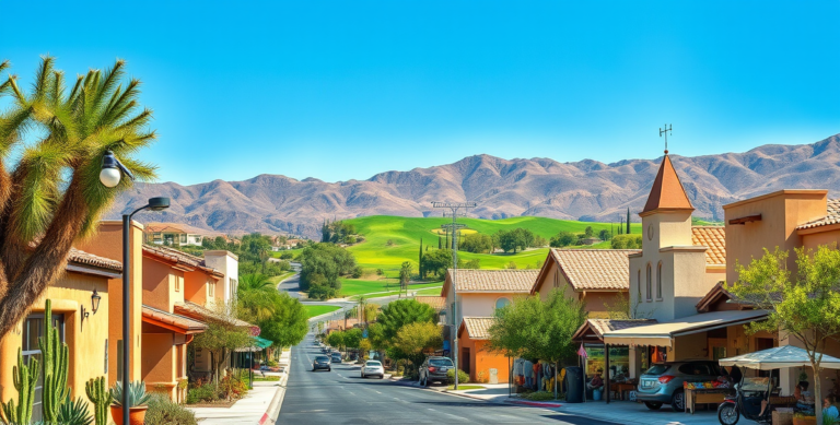 A vibrant street scene in Angel Park, Las Vegas, NV 89145, showcasing lush green golf course fairways and rolling desert hills in the background under a bright