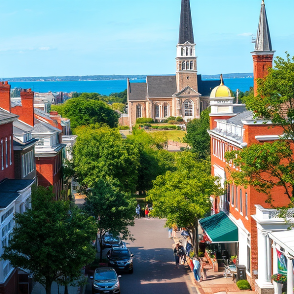 AT&T Coverage, Stores & Plans in Annapolis Naval Academy, Annapolis MD 21402 A vibrant street scene in Annapolis Naval Academy, Annapolis, MD 21402, showcasing historic brick townhouses with white trim, elegant Federal-style architecture