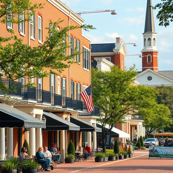 AT&T Coverage, Stores & Plans in Annapolis Naval Academy, Annapolis MD 21404 A vibrant street scene in Annapolis Naval Academy neighborhood, Annapolis, MD 21404, featuring historic brick townhouses with white trim and wrought-iron balcon