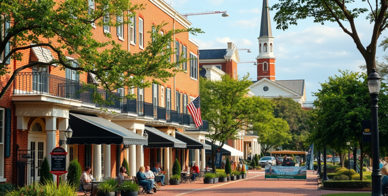 A vibrant street scene in Annapolis Naval Academy neighborhood, Annapolis, MD 21404, featuring historic brick townhouses with white trim and wrought-iron balcon