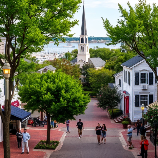 AT&T Coverage, Stores & Plans in Annapolis Towne Centre, Annapolis MD 21401 A vibrant street scene in Annapolis Towne Centre, Annapolis, MD (21401), showcasing a lively shopping plaza with modern storefronts and upscale boutiques, frame