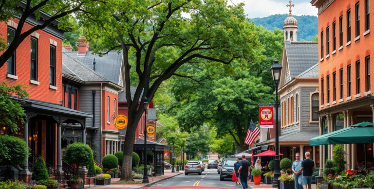 A vibrant street scene in Ansley Park, Atlanta, GA (30309), featuring elegant early 20th-century Revival-style homes with lush, manicured lawns and historic bri
