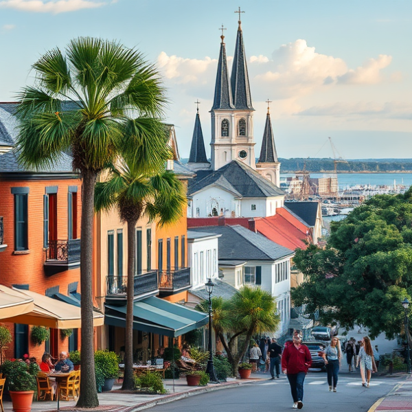 AT&T Coverage, Stores & Plans in Ansonborough, Charleston SC 29413 A vibrant street scene in Ansonborough, Charleston, SC 29413, showcasing historic lowcountry architecture with pastel-hued brick row houses, ornate ironwork bal