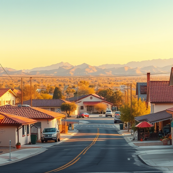 AT&T Coverage, Stores & Plans in Antelope Acres, Lancaster CA 93534 A realistic street scene in Antelope Acres, Lancaster, CA 93534, showcasing a quiet suburban neighborhood with single-story ranch-style homes featuring stucco w