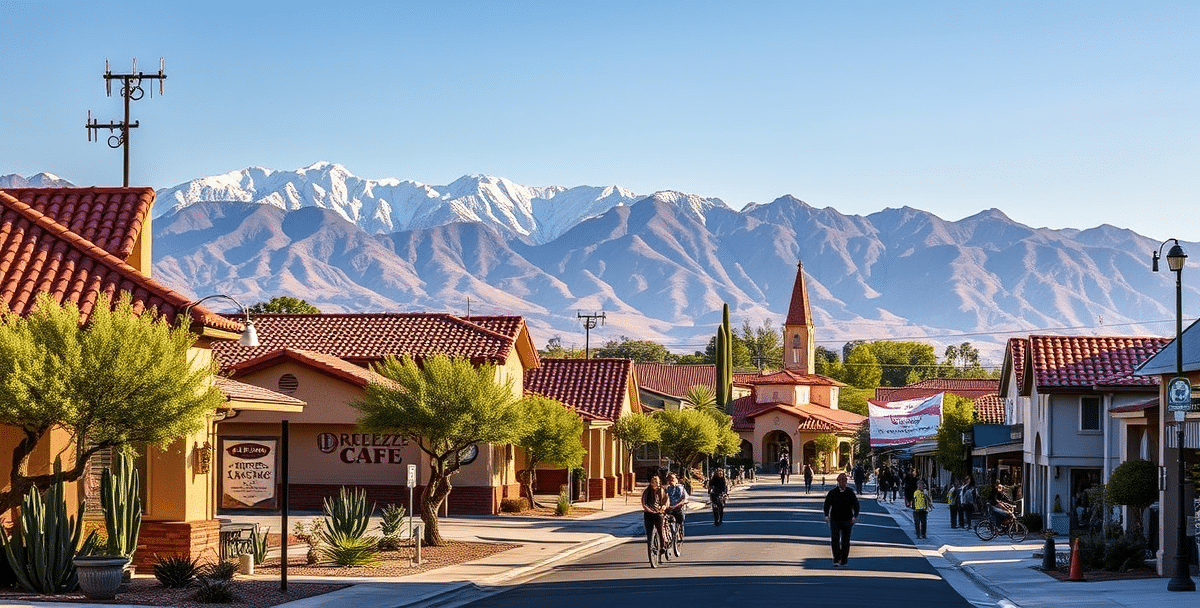 A vibrant street scene in antelope acres, lancaster, ca 93536, showcasing a quiet suburban neighborhood with single-story ranch-style homes featuring stucco ext