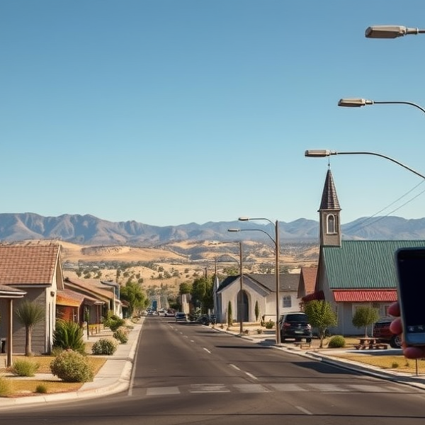 AT&T Coverage, Stores & Plans in Antelope Acres, Lancaster CA 93584 A realistic street scene of Antelope Acres, Lancaster, CA 93584, featuring a quiet suburban neighborhood with single-story ranch-style homes and sprawling front