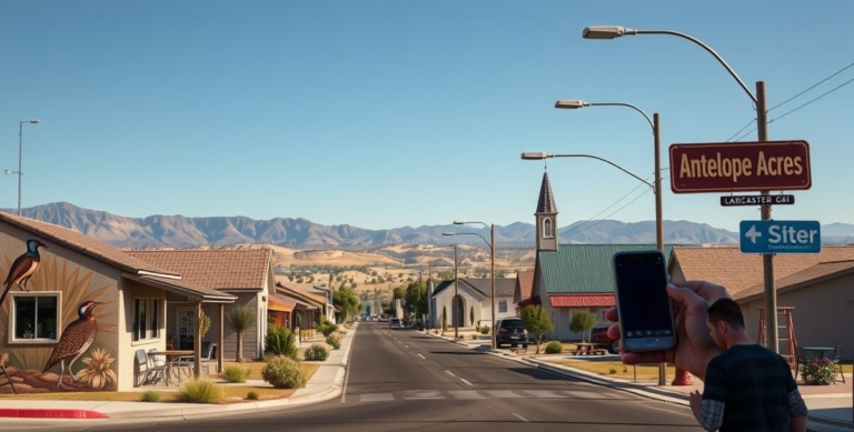 A realistic street scene of Antelope Acres, Lancaster, CA 93584, featuring a quiet suburban neighborhood with single-story ranch-style homes and sprawling front