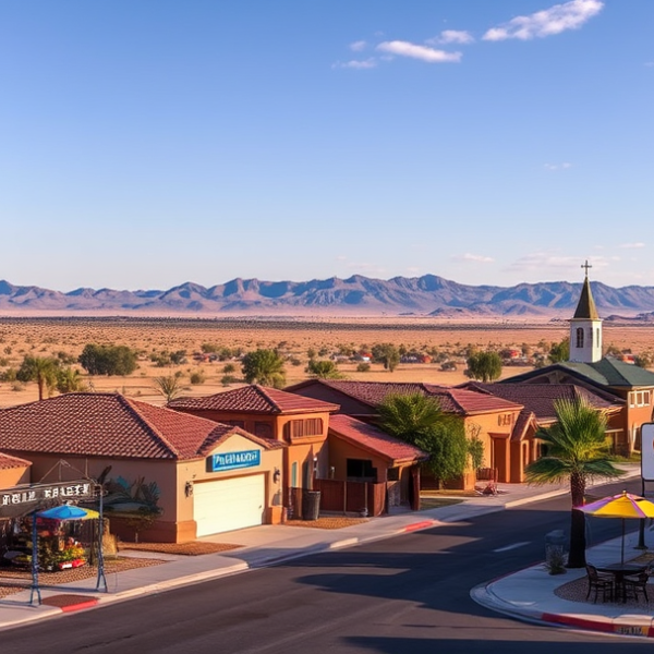 AT&T Coverage, Stores & Plans in Antelope Acres, Palmdale CA 93552 A realistic street scene in Antelope Acres, Palmdale, CA 93552, showcasing a quiet suburban neighborhood with single-story ranch-style homes featuring stucco wa
