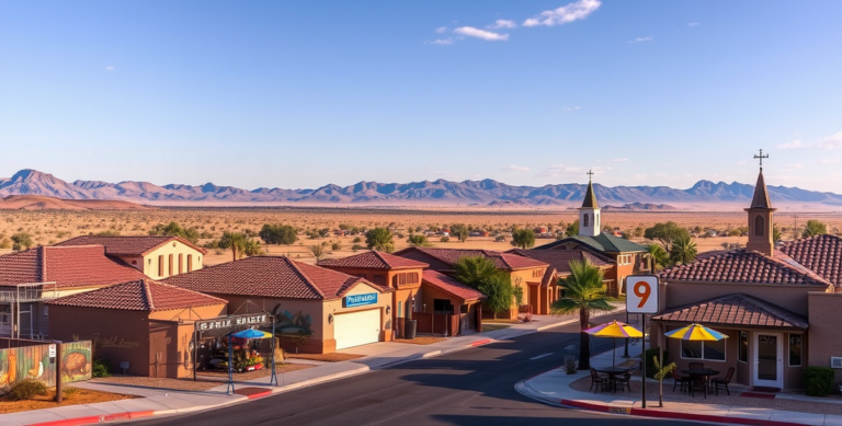 A realistic street scene in Antelope Acres, Palmdale, CA 93552, showcasing a quiet suburban neighborhood with single-story ranch-style homes featuring stucco wa