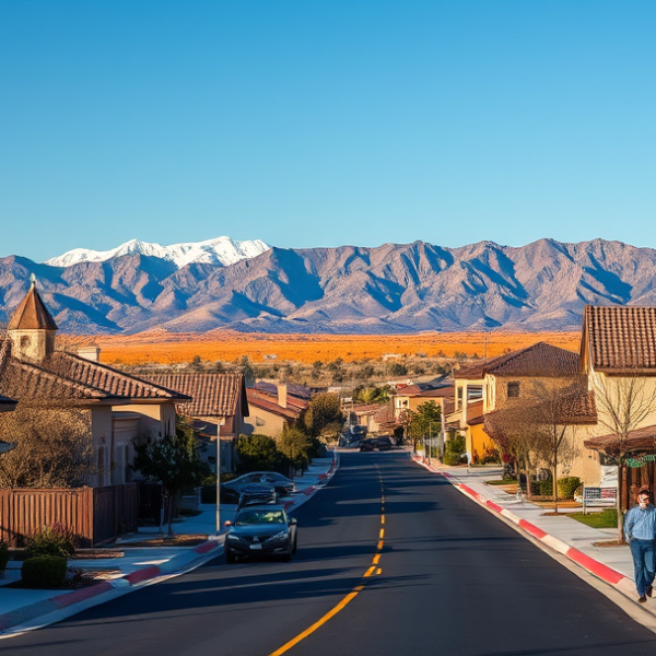 AT&T Coverage, Stores & Plans in Antelope Acres, Palmdale CA 93599 A vibrant street scene in Antelope Acres, Palmdale, CA (93599), showcasing a quiet suburban neighborhood with ranch-style homes featuring stucco walls, tile roo