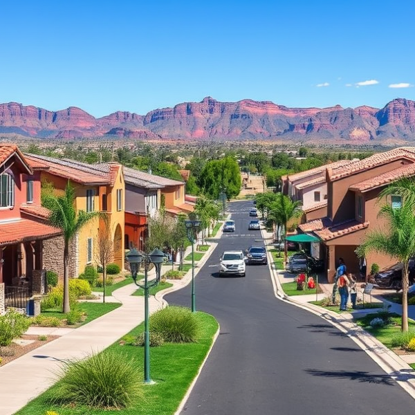 AT&T Coverage, Stores & Plans in Anthem, Henderson NV 89053 A vibrant street scene in Anthem, Henderson, NV 89053, showcasing lush landscaped sidewalks lined with modern Mediterranean-style homes featuring stucco exterio