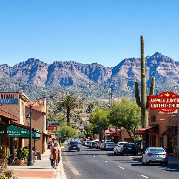 AT&T Coverage, Stores & Plans in Apache Junction, Mesa AZ 85215 A vibrant street scene in Apache Junction, AZ (85215), showcasing a mix of iconic local landmarks like the colorful mural inside the historic Superstition Mount