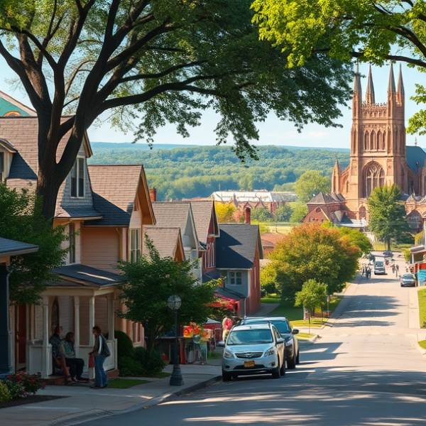 AT&T Coverage, Stores & Plans in Arcadian Acres, Evansville IN 47715 A vibrant street scene in Arcadian Acres, Evansville, IN (47715), showcasing charming historic homes with craftsman bungalows and colorful mid-century houses li