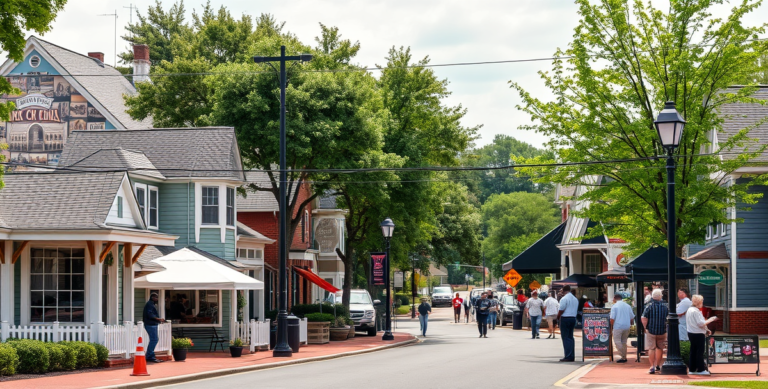 A vibrant street scene in Archdale, High Point, NC 27263, showcasing charming early 20th-century bungalows with colorful facades and white picket fences, lined