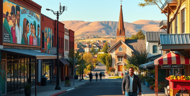 A vibrant street scene in Arden-Arcade, Sacramento, CA 95865, showcasing a lively neighborhood with colorful murals depicting local history and community spirit