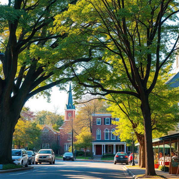AT&T Coverage, Stores & Plans in Arlington Forest, Arlington VA 22203 A vibrant street scene in Arlington Forest, Arlington VA 22203, showcasing a charming neighborhood with tree-lined streets and early morning sunlight filtering