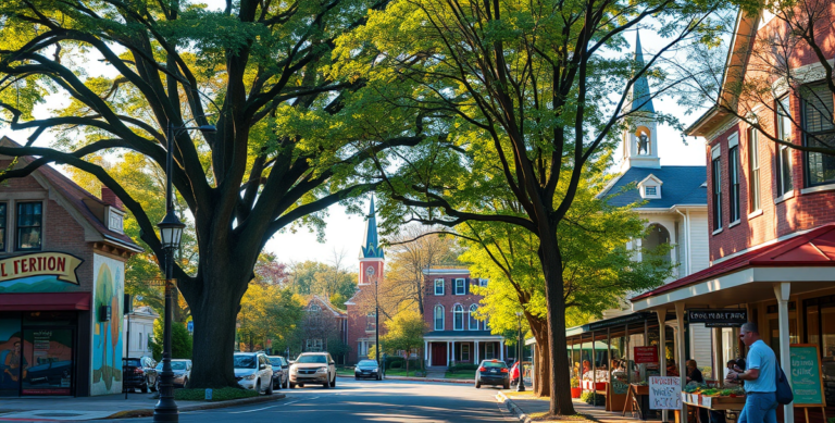 A vibrant street scene in Arlington Forest, Arlington VA 22203, showcasing a charming neighborhood with tree-lined streets and early morning sunlight filtering