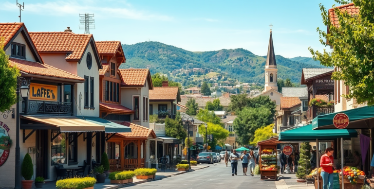 A vibrant street scene in Arlington Heights, Riverside, CA (zip code 92504), showcasing a charming neighborhood with colorful murals depicting local history and