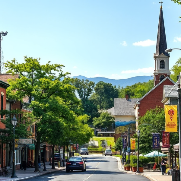 AT&T Coverage, Stores & Plans in Arlington, Poughkeepsie NY 12604 A vibrant street scene in Arlington, Poughkeepsie, NY (zip 12604), showcasing a lively neighborhood with historic brick houses featuring ornate woodwork and col