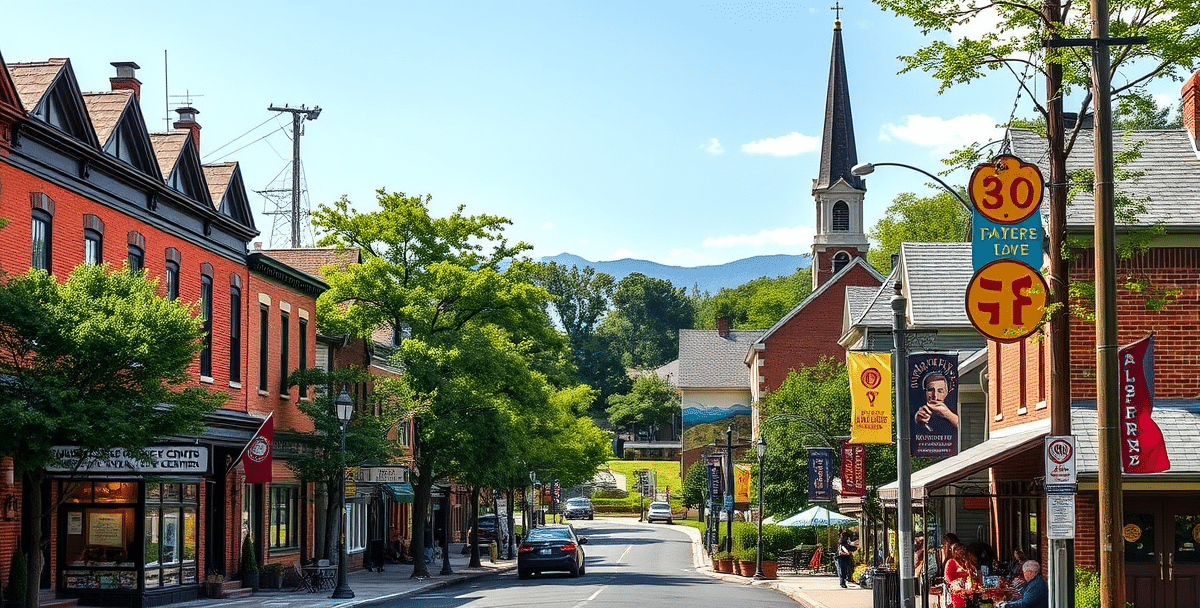 A vibrant street scene in arlington, poughkeepsie, ny (zip 12604), showcasing a lively neighborhood with historic brick houses featuring ornate woodwork and col