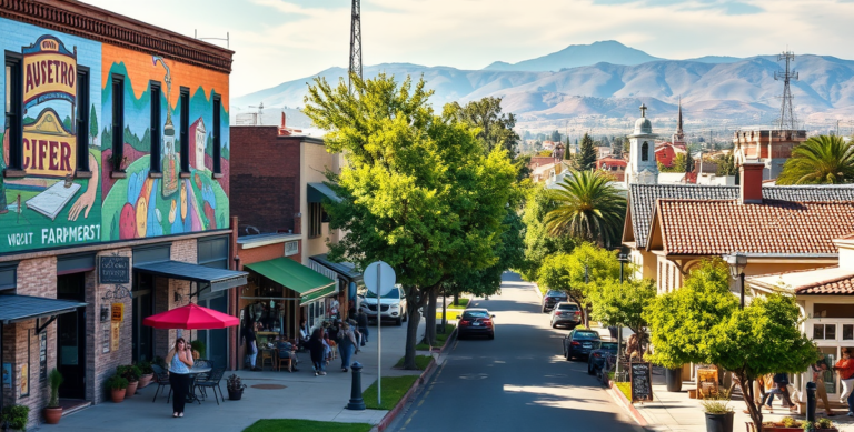 A vibrant street scene in Arlington, Riverside, CA 92513, showcasing a diverse neighborhood with colorful murals depicting local history and community spirit on