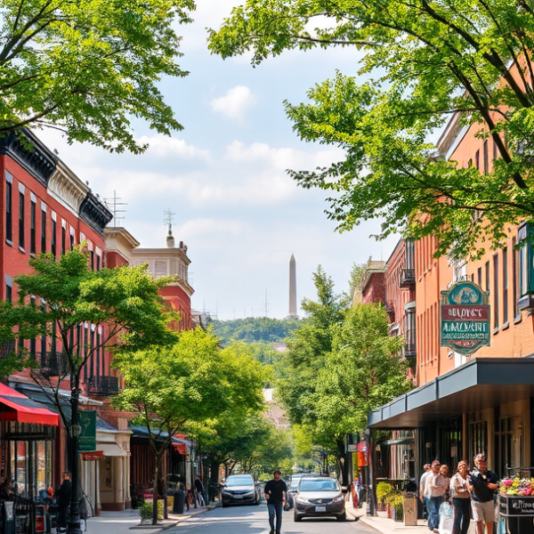 AT&T Coverage, Stores & Plans in Arlington, Washington DC 20350 A vibrant street scene in Arlington, Washington, DC (20350), showcasing a mix of historic brick townhouses with decorative cornices and modern glass-front shops